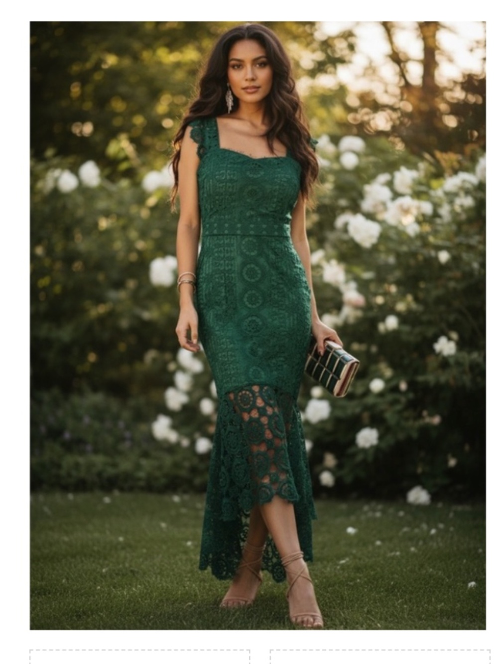 This Vici Collection Crochet Lace Ruffle Midi Green Dress NWOT